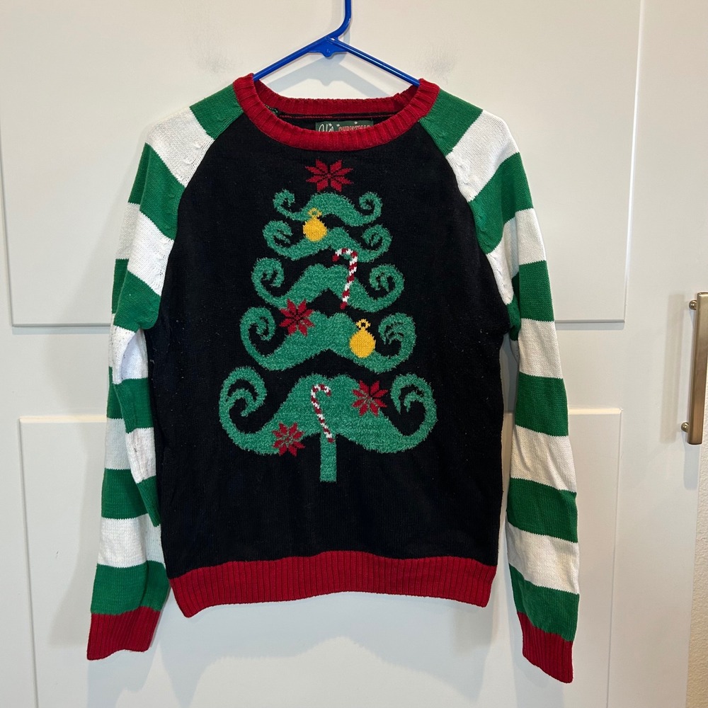 Ugly Christmas Sweater Womens Medium Black Green Striped Tree Graphic Pullover‎